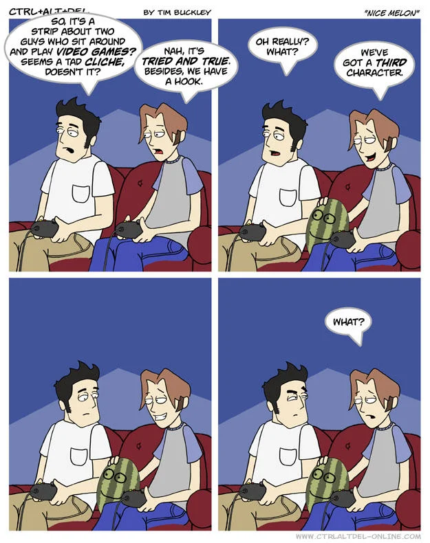 The 'Nice Melon' strip pokes fun at the comic's premise of two guys sitting on a couch playing video games.