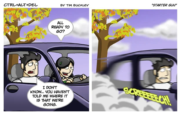 The 'Starter Gun' strip, a lighthearted Ctrl+Alt+Del gag comic by Tim Buckley.
