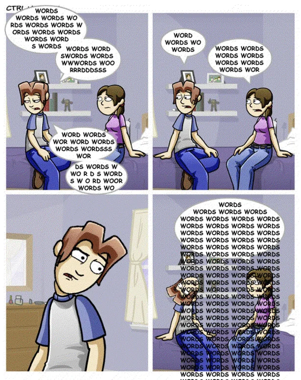 The infamous 'Words Words Words' parody, mocking Ctrl+Alt+Del's reputation for verbose, awkwardly written dialogue.
