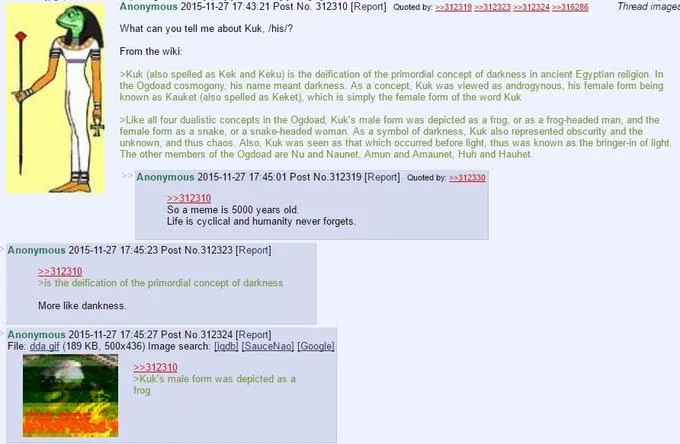 A /his/ thread on 4chan explaining the Egyptian mythological origins of Kek, seeding the 'Cult of Kek' phenomenon.