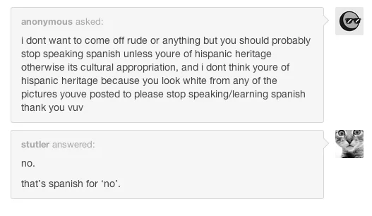Satirical Tumblr exchange mocking performative appropriation policing.