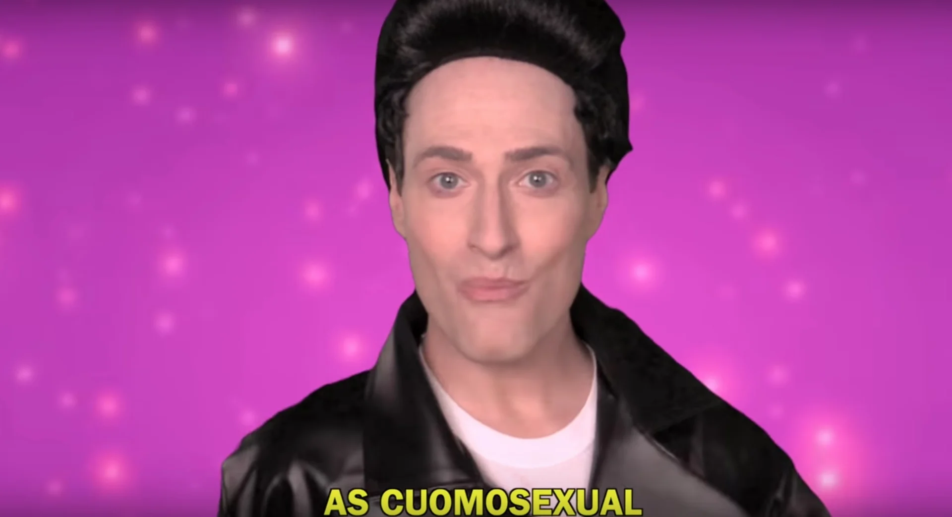 A still from Randy Rainbow's viral 'Andy!' song parody where he coins the term 'Cuomosexual' as a tongue-in-cheek label for admirers of then-New York Governor Andrew Cuomo.