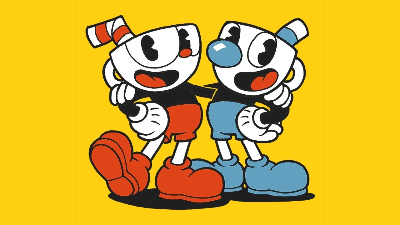 Cuphead (left) and his brother Mugman (right), the protagonists of Studio MDHR's run-and-gun video game Cuphead.