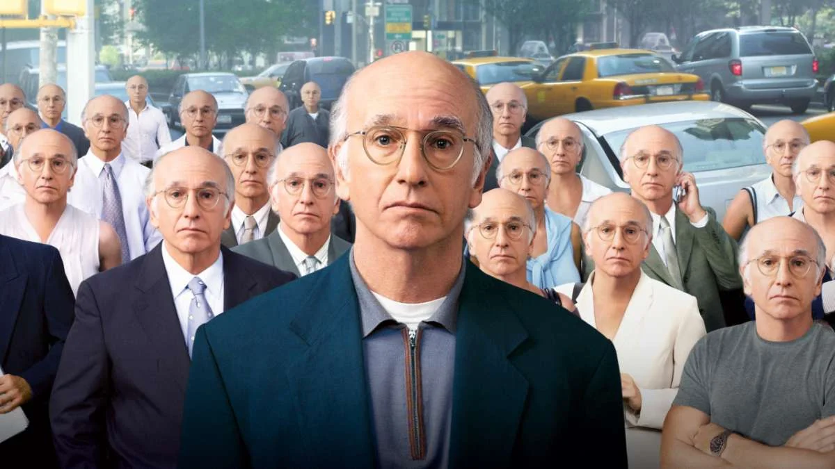 Promotional key art for HBO's Curb Your Enthusiasm, featuring Larry David multiplied across a New York City street scene.
