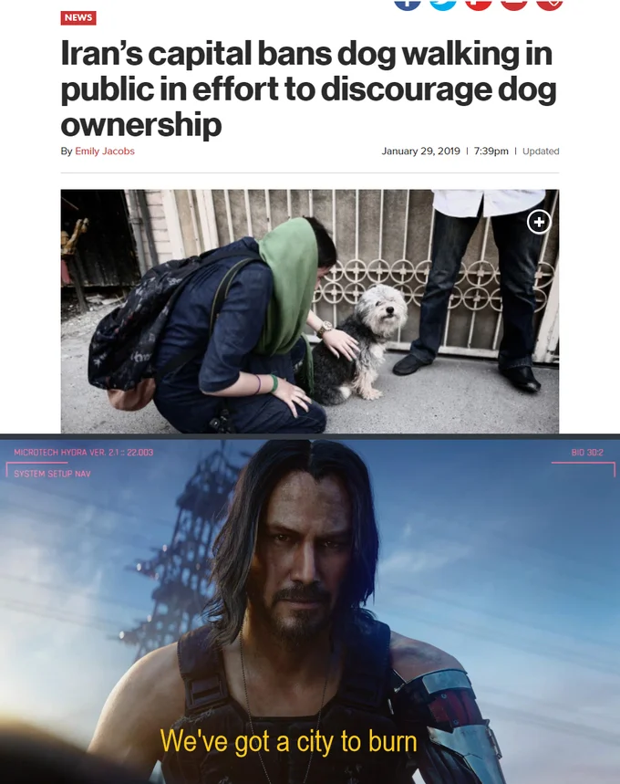 News coverage of Keanu Reeves' appearance in the Cyberpunk 2077 trailer, exemplifying the enthusiastic reception that fueled the meme.