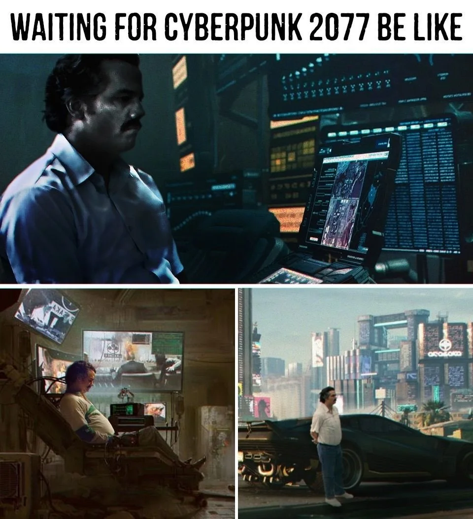 Cyberpunk neon dystopian anticipation meme.