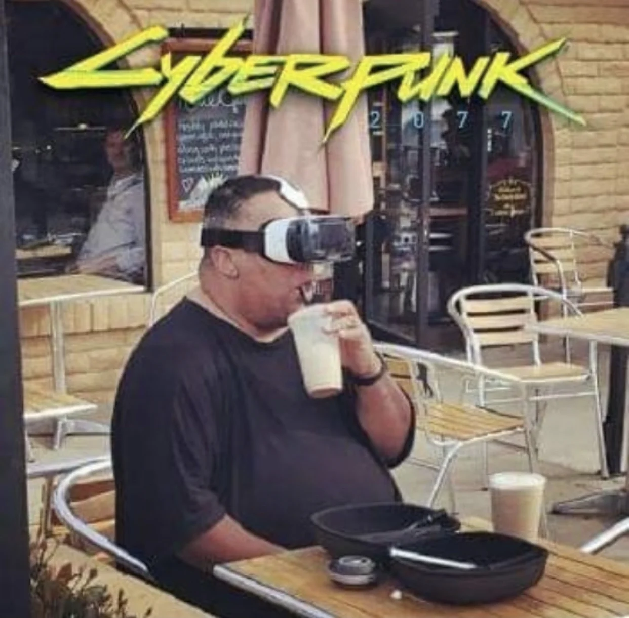 Cyberpunk VR goggles café dining meme.