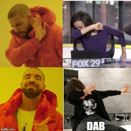 Four-panel dab meme showing different dab execution contexts.
