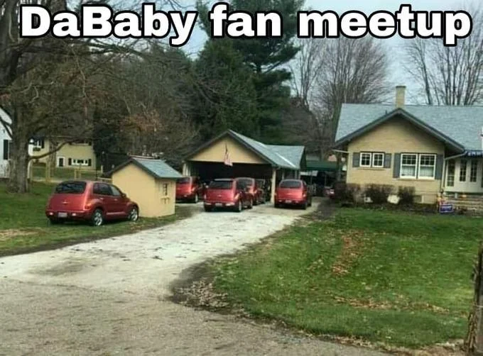 DaBaby fan meetup joke with parked red cars reference.
