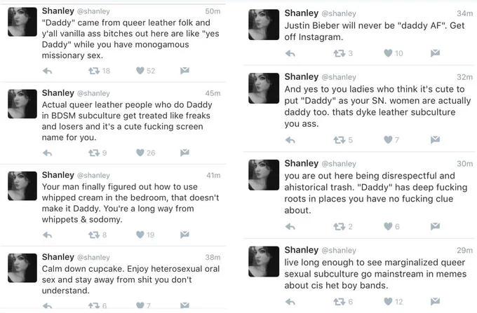 A Twitter thread by @shanley critiquing the mainstream co-opting of 'Daddy' and tracing its roots to queer leather and BDSM subculture.