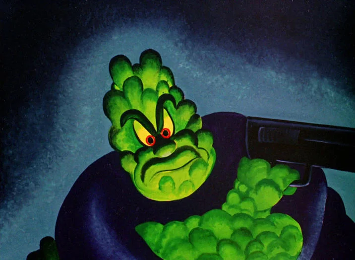 Daffy Duck as blob-like Pickle Puss with revolver.