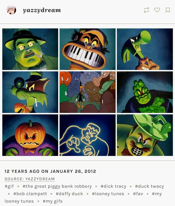 Tumblr post featuring the nine villain characters from the meme.