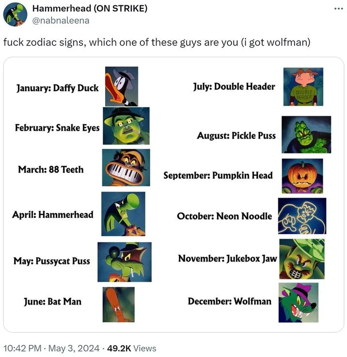 Zodiac signs assigned to Daffy Duck villain characters.