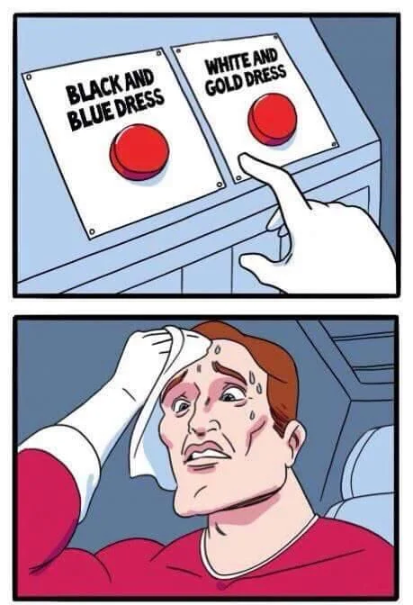 Daily Struggle edit invoking 'The Dress' — the 2015 viral debate over its perceived colors.