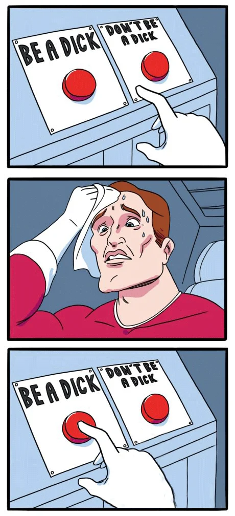 Extended three-panel variant of Daily Struggle where the character ultimately makes his choice.