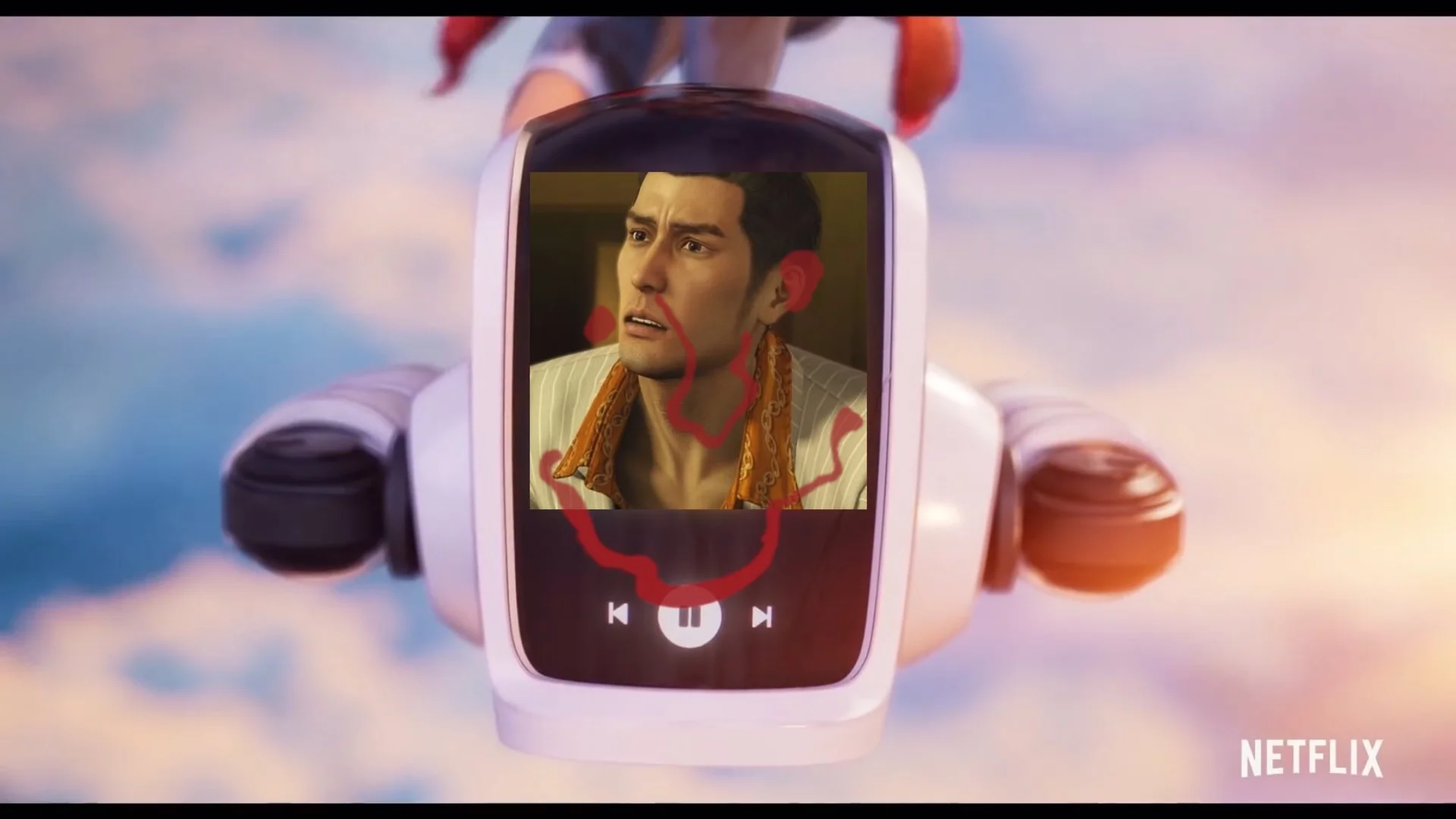 An edit placing the Dame Da Ne meme image onto a music player in a Netflix show, implying the song is playing.