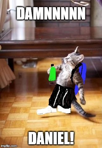 Cat parody applying Damn Daniel meme format to animal.
