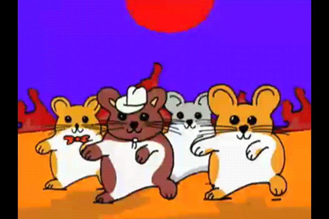 Three cartoon hamsters dancing with colorful flame border.