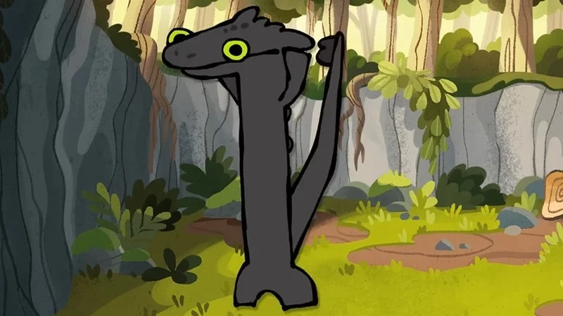 The characteristic Dancing Toothless meme in forest setting.