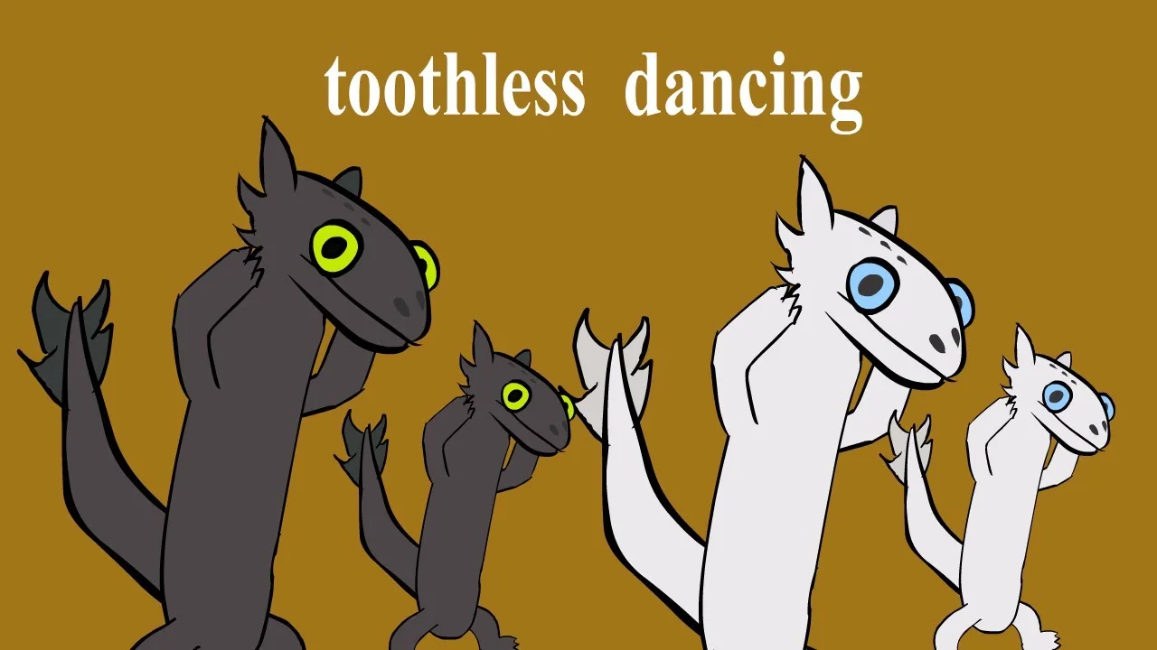 Stylized elongated Toothless dancing figures on gold background.