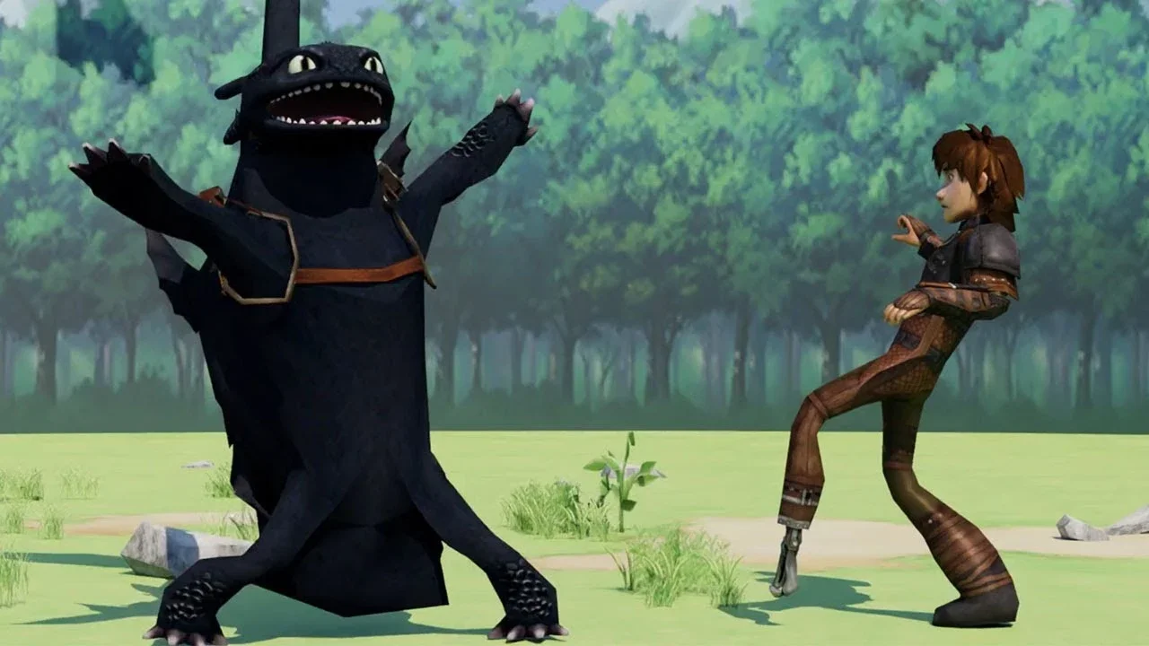 Original dancing Toothless sequence with Hiccup in forest.