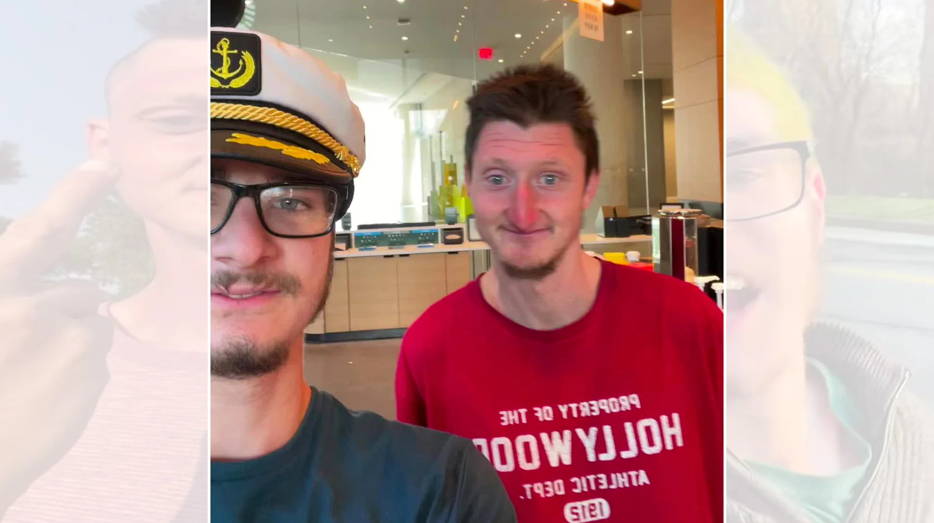 The viral selfie of Joshua Block meeting Daniel Larson that sparked the 'World of T-Shirts' crossover meme.