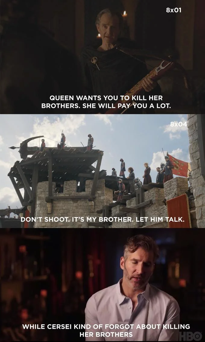 A three-panel format applying the 'kind of forgot' joke to Cersei's inconsistent handling of her brothers between episodes 8x01 and 8x04.