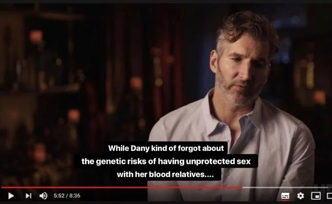 An edited-subtitle variant applying the 'kind of forgot' framing to Daenerys' incestuous relationship with Jon Snow.