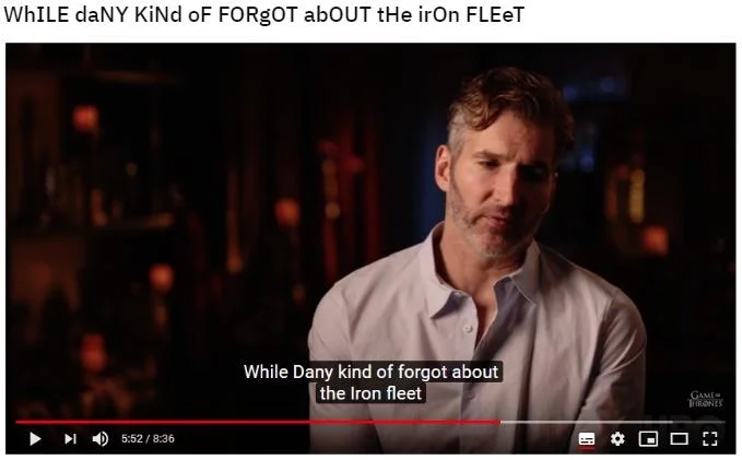 A mocking SpongeBob-style caption applied to the Benioff interview quote, one of the earliest formats of the meme mocking the writers' explanation.