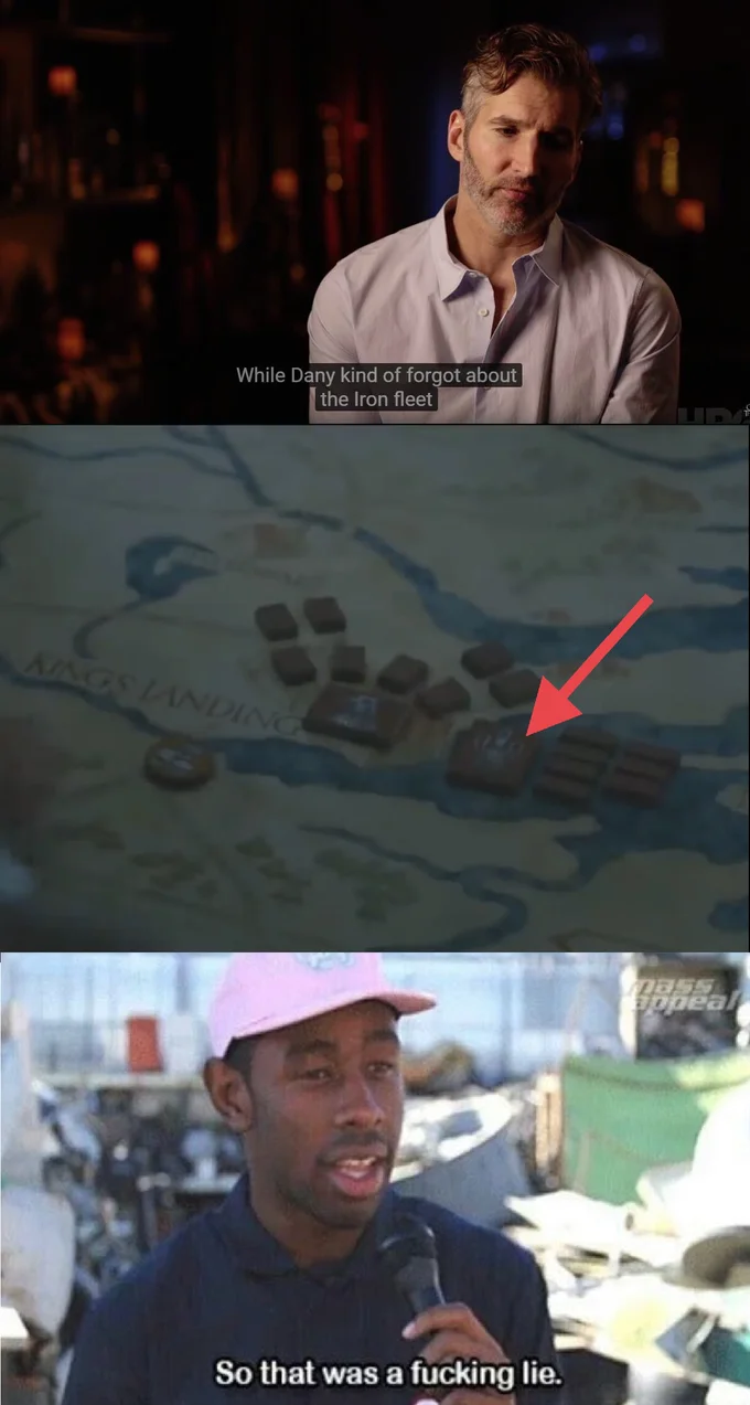 A three-panel meme pairing the Benioff quote with a red arrow on the visible Iron Fleet and Tyler, the Creator's 'So that was a fucking lie' reaction.