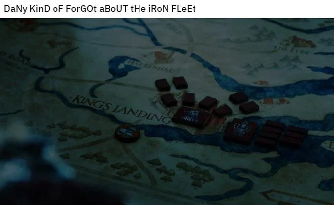 The war-table map with the Iron Fleet ships clearly visible at King's Landing, mocking the writers' claim that Daenerys 'forgot' about a fleet she could plainly see.