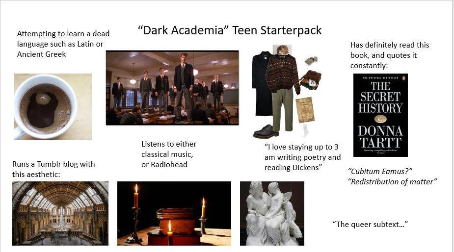 Dark academia starter pack with characteristic aesthetic elements.