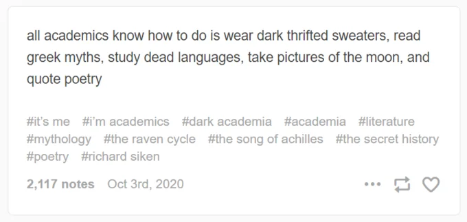 Tumblr post humorously listing dark academia stereotypes.