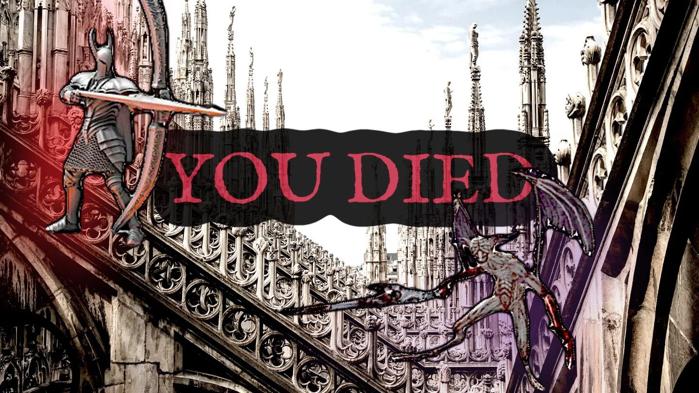 YOU DIED text over Dark Souls cathedral environment.