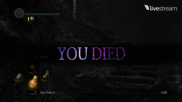 Dark Souls YOU DIED screen from gameplay livestream.