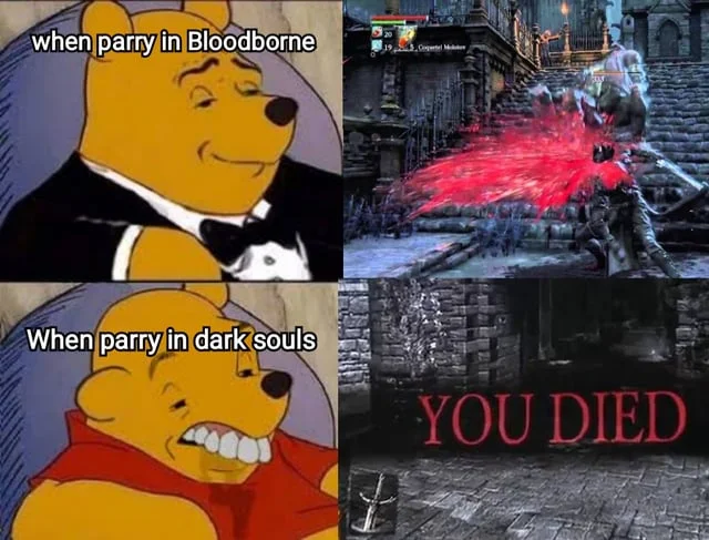 Winnie the Pooh meta-meme using Dark Souls YOU DIED format.