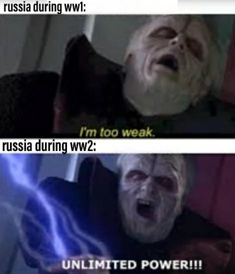 Darth Sidious meme about Russian military power through world wars.