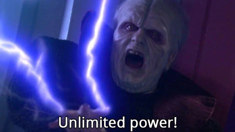 The iconic Darth Sidious Unlimited Power meme image.
