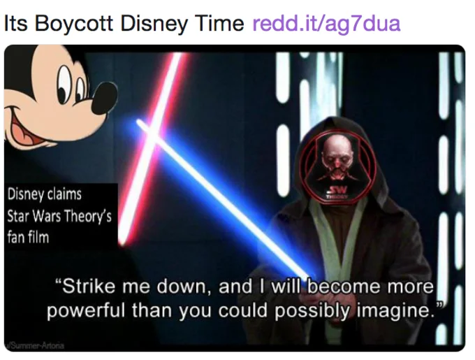 A fan-made 'Boycott Disney' meme rallied support for Star Wars Theory after Disney claimed revenue from his 'Shards of the Past' fan film.