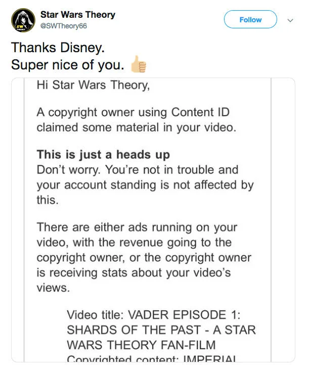 Star Wars Theory posted the YouTube Content ID claim from Disney/Lucasfilm against his Vader fan film, sparking widespread fan backlash.
