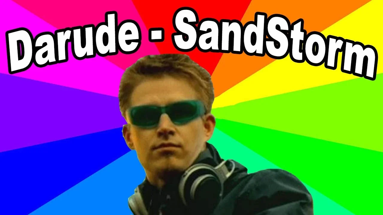 Darude Sandstorm meme with DJ aesthetic and rainbow gradient.