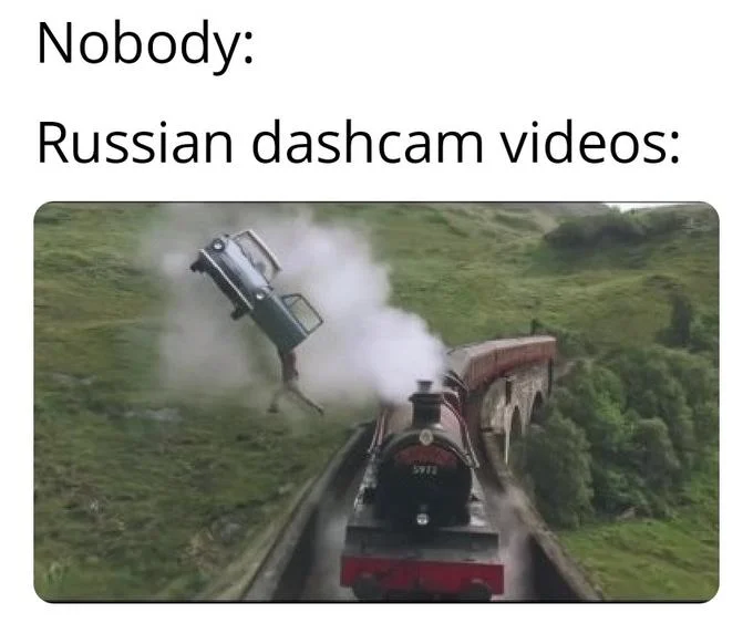 A Harry Potter flying-car scene repurposed as a joke about the outrageous footage Russian dashcams tend to capture.