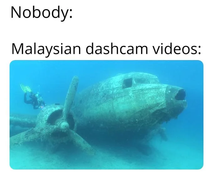 A darker variant of the dashcam meme referencing the Malaysia Airlines disappearances by pairing it with an underwater plane wreck.