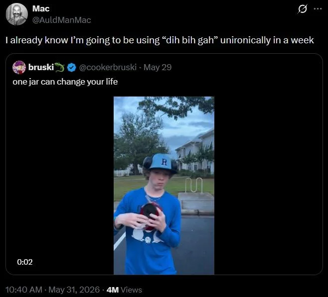 A viral tweet reacting to the original 'dat bih gah' clip, with users predicting they'd soon adopt the phrase unironically.