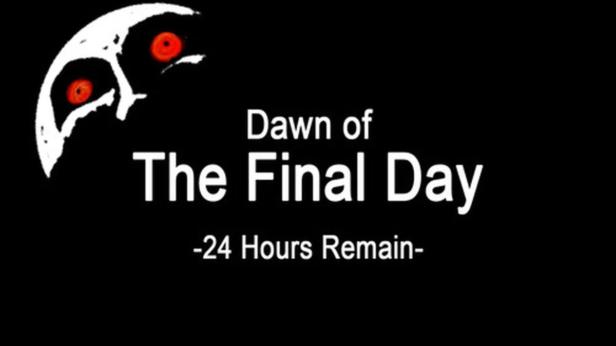 The original 'Dawn of the Final Day' title card from The Legend of Zelda: Majora's Mask, showing the sinister moon and countdown text that inspired the meme.