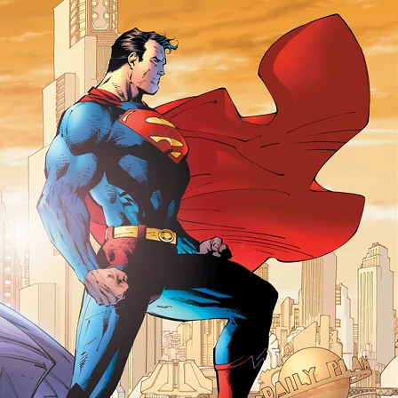 Superman, the flagship character of DC Comics, in flight.