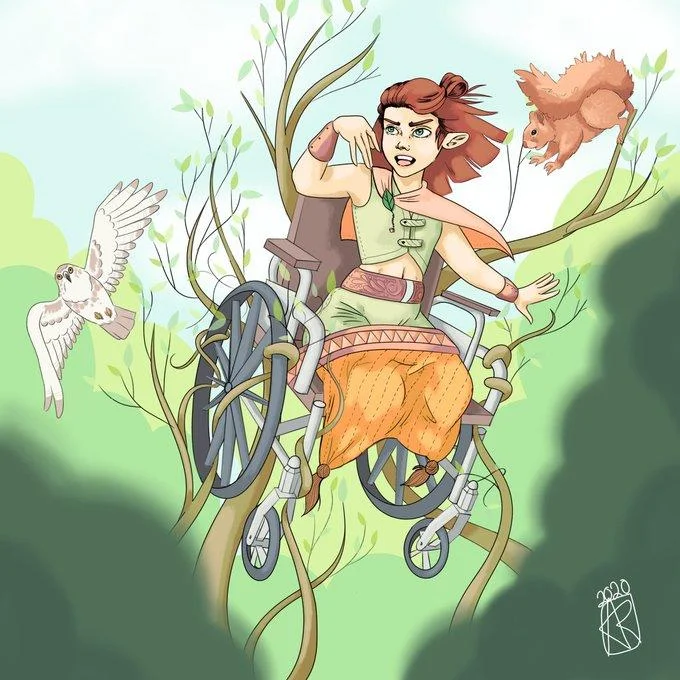 Fan art depicting a druid or ranger character using a combat wheelchair to traverse a woodland environment, part of the broader D&D disability representation movement.