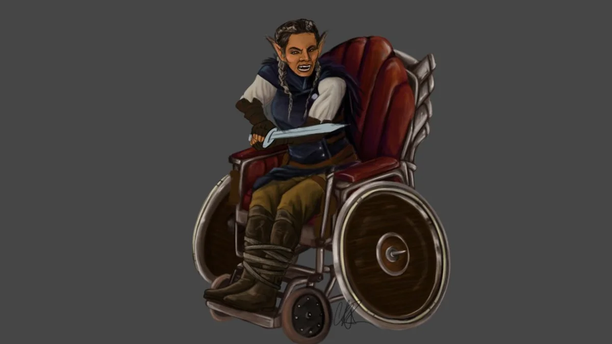 The iconic D&D Combat Wheelchair illustration depicting a sword-wielding elf in a medieval fantasy wheelchair, often associated with Sara Thompson's homebrew supplement for disabled characters.