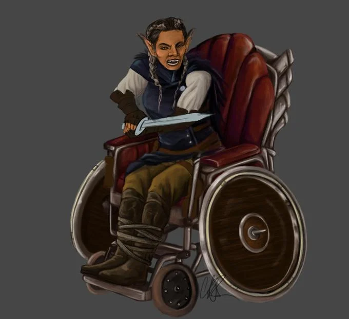 Another view of the original combat wheelchair elf illustration showcasing the chair's detailed wooden spoked wheels and padded design.