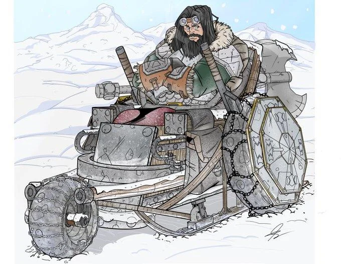 Fan illustration depicting a steampunk-style combat wheelchair with tank treads suited for harsh winter terrain, demonstrating the creativity of homebrew mobility aids.